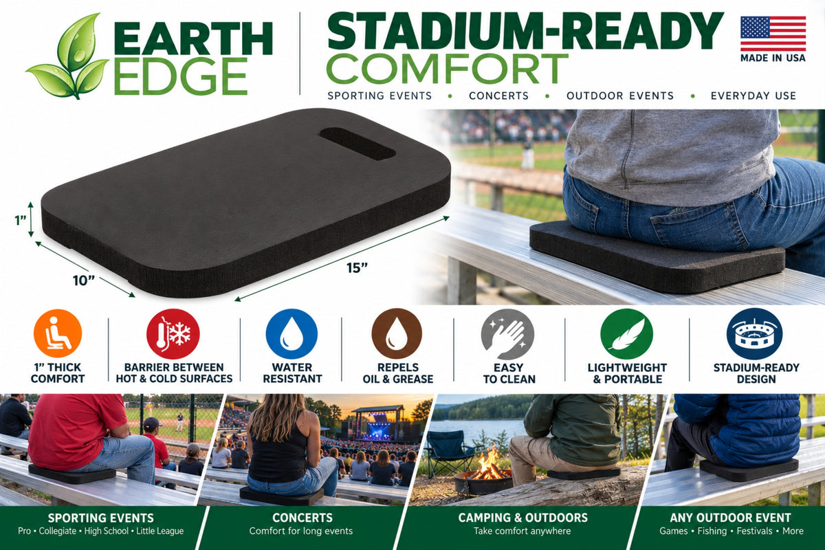 Earth Edge Stadium Cushion – 10"x15"x1" Foam Seat Pad for Bleachers, Sports, Camping & Outdoor Events